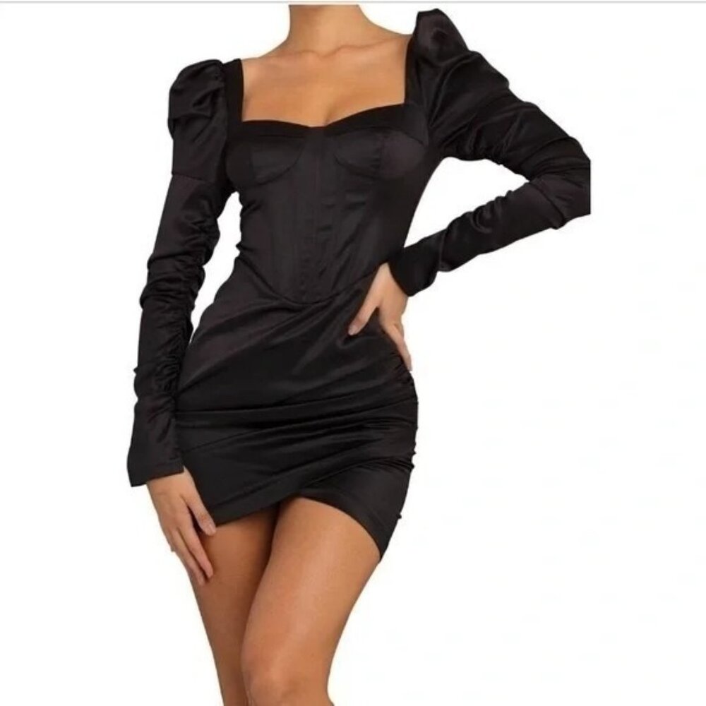 NWT Heiress Beverly Hills Black Satin Puff Sleeve Corset Dress X-Small / XS